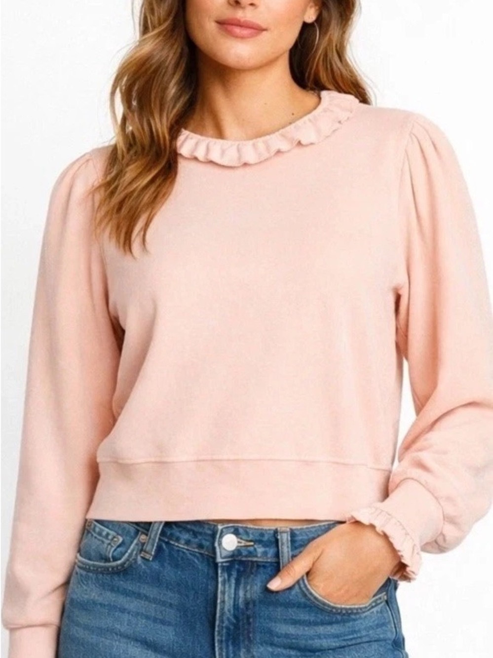 MOTHER | The Women’s Ruffle Curveball Sweater in Peach Pink | L
